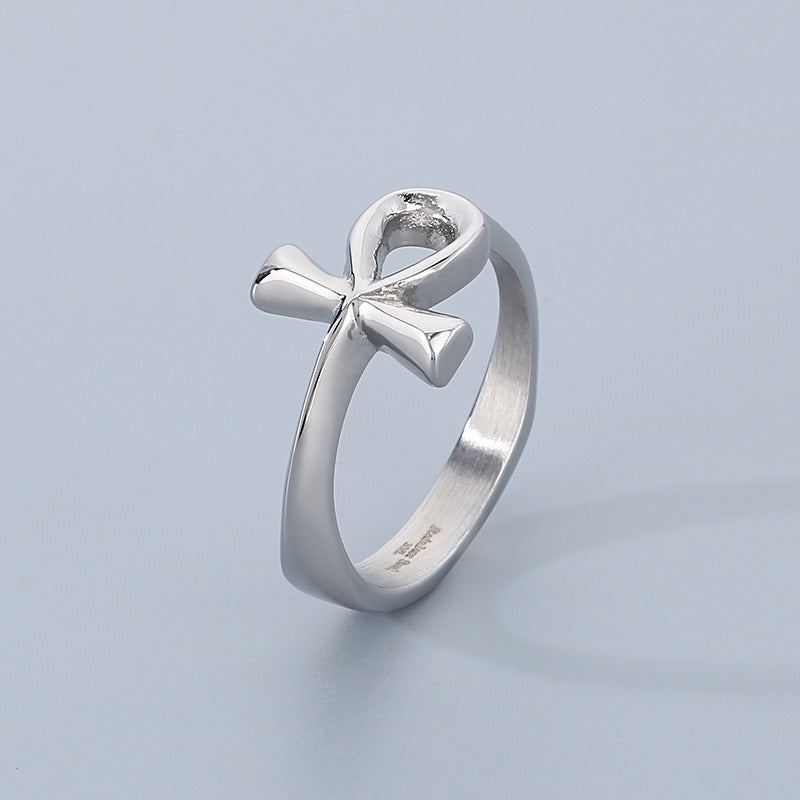 Kemstone Titanium Steel Ankh Cross Ring – Vintage Egyptian Symbol for Men KR110679-KJX