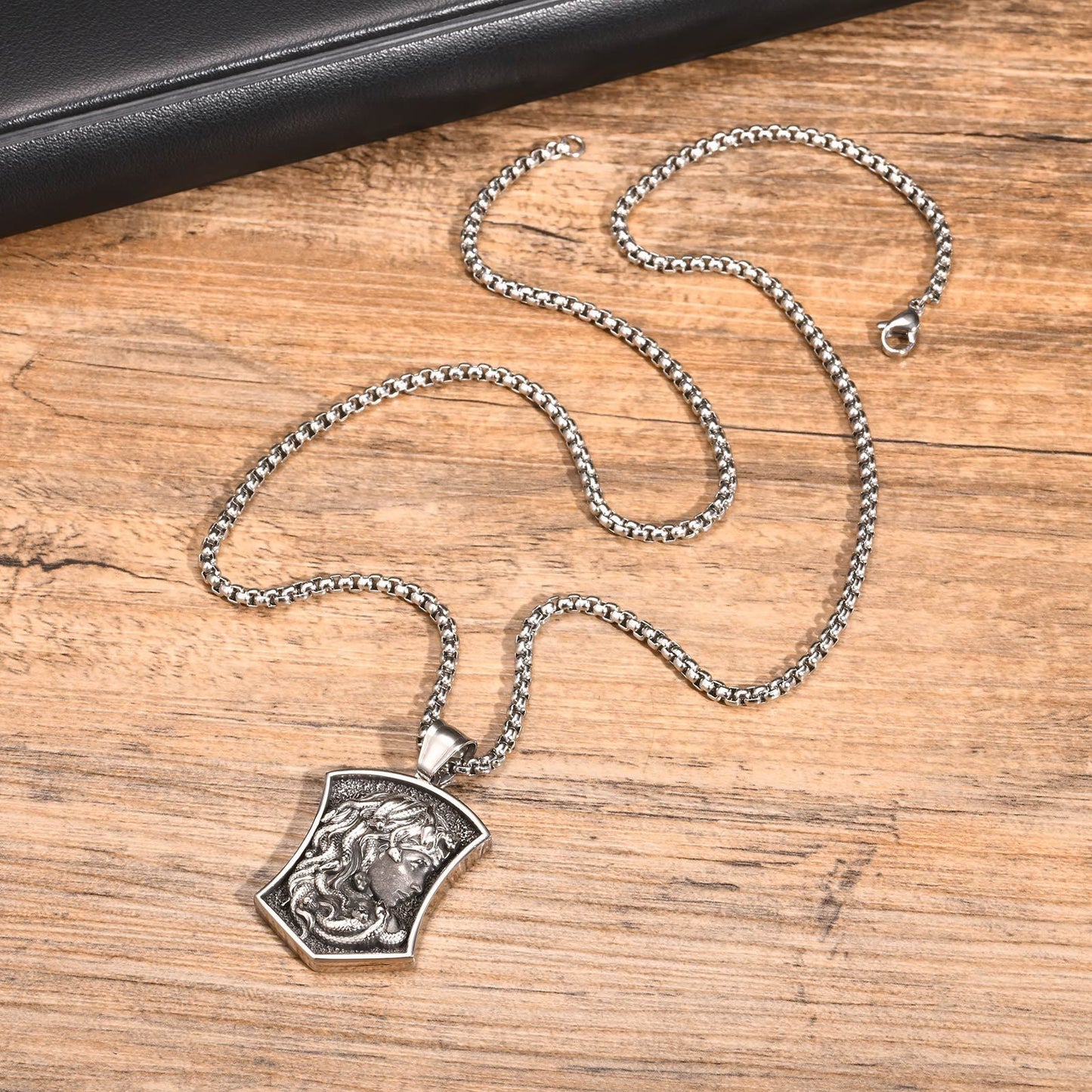 Kemstone Men’s Stainless Steel Medusa Pendant Necklace – Dark Relief Design PN-2021