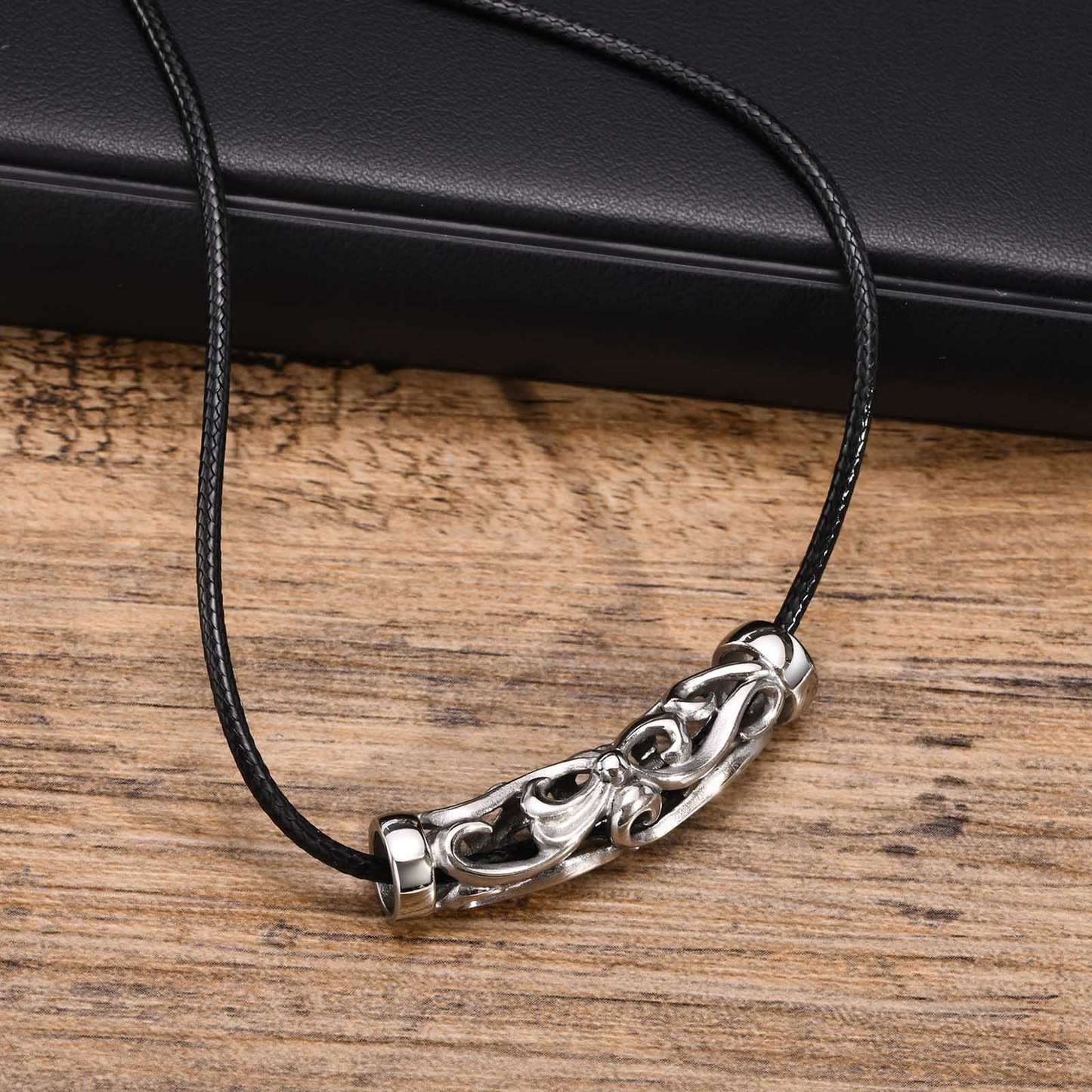 Kemstone Stainless Steel Leather Cord Necklace for Men – Silver Knot Pendant PN-1725