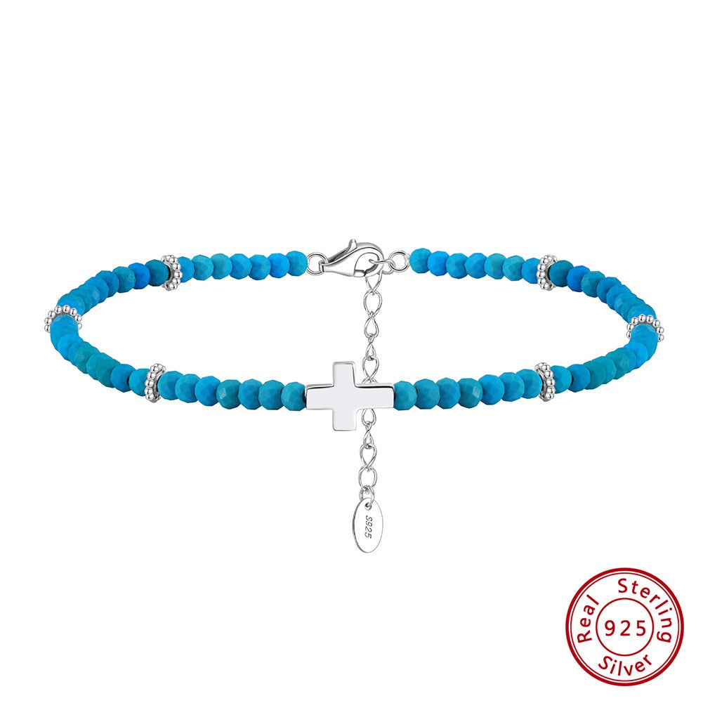 Kemstone 925 Sterling Silver Turquoise Anklet for Women Cross Charm Beaded Chain SA86