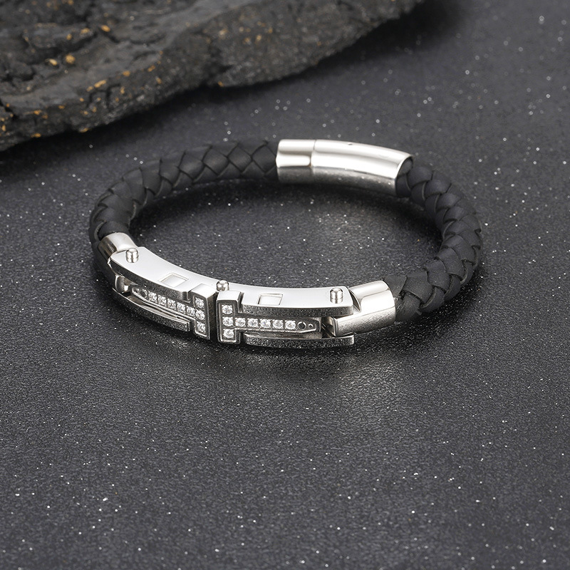 Kemston T-Bar Braided Leather Bracelet for Men Titanium Steel Stone Accent Gold Silver KB163596-KFC