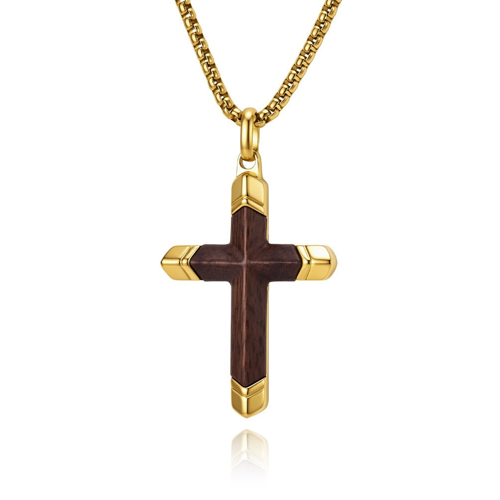 Kemstone Wood Cross Necklace for Men Stainless Steel Metal Accent Pendant K-PT736