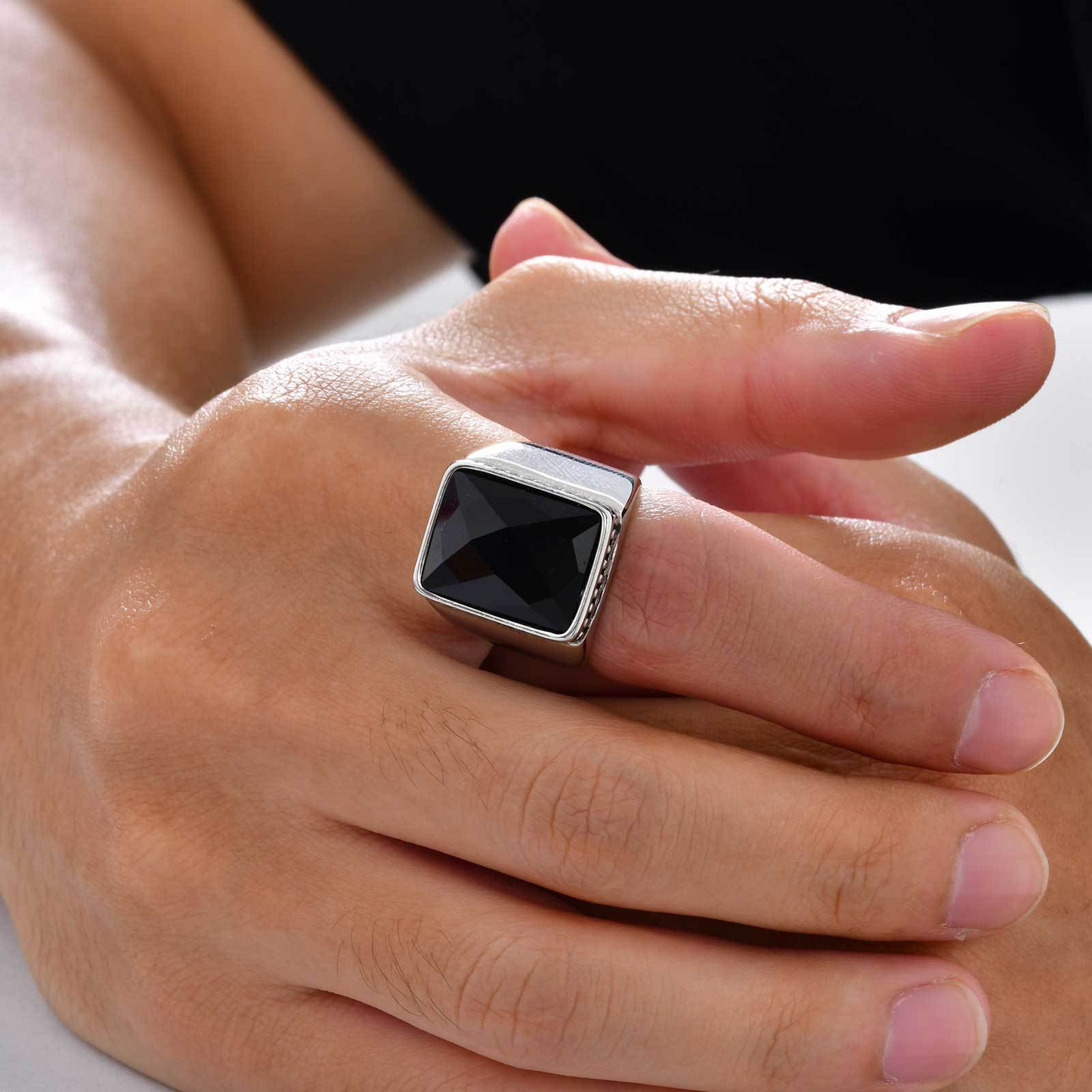 Kemstone Men’s Stainless Steel Ring – Faceted Black Glass Square Signet RC-923