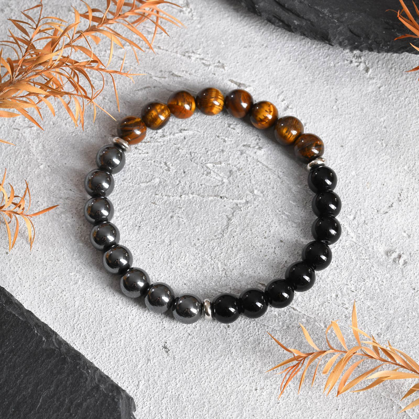 Kemstone Stainless Steel Tiger Eye & Obsidian Beaded Bracelet for Men BR-2448