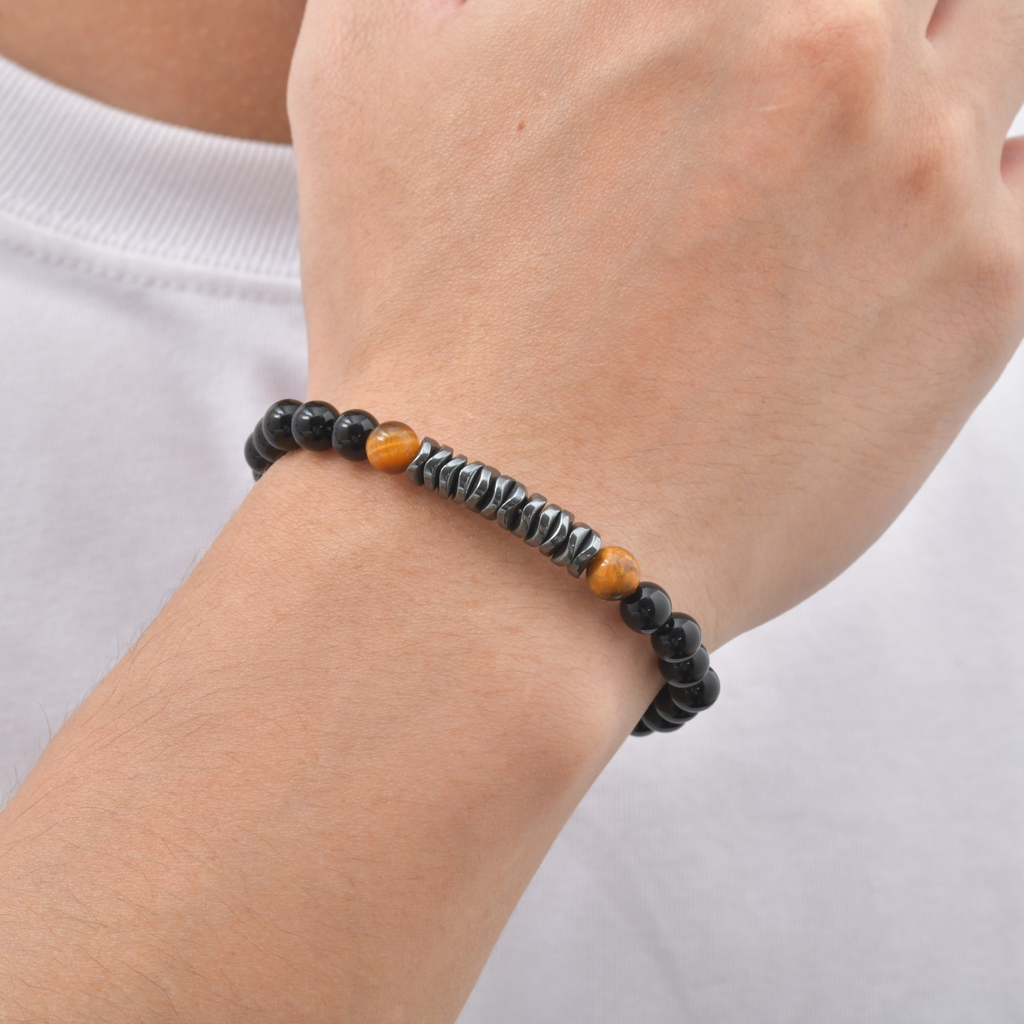 Kemston Stainless Steel Tiger Eye Beaded Bracelet for Men Black Onyx Hematite Stone Adjustable BR-2919