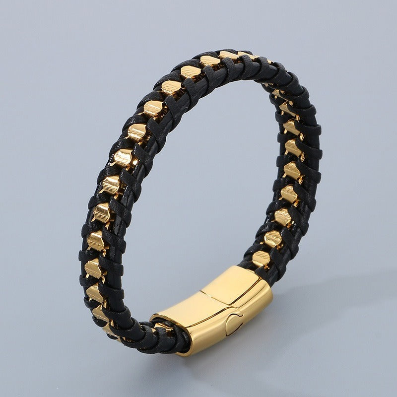 Kemstone Titanium Steel Braided Leather Strap Bracelet for Men Hip Hop Streetwear KB179967-YA