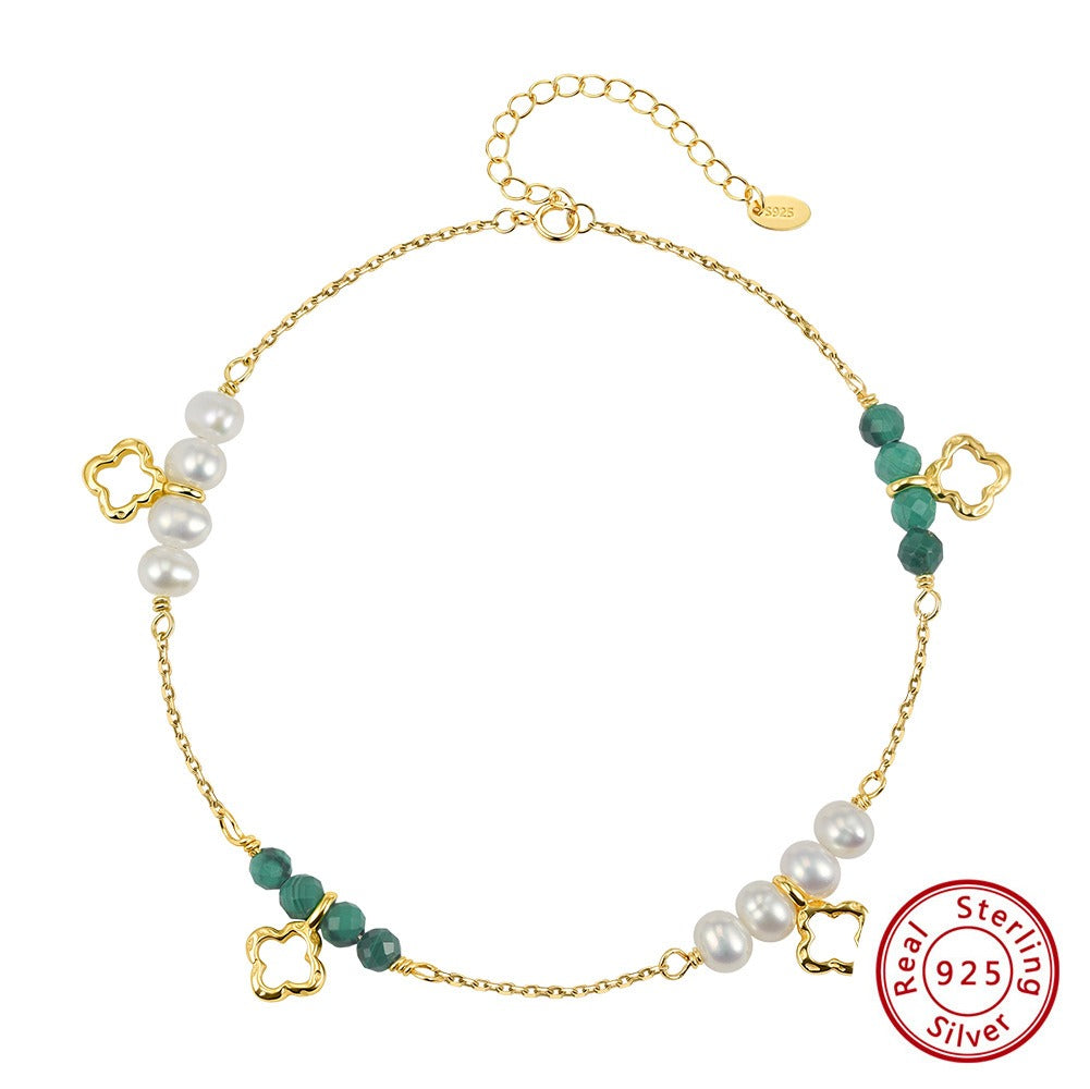 Kemston Freshwater Pearl Malachite Bracelet for Women 925 Sterling Silver Gold Plated MPB24