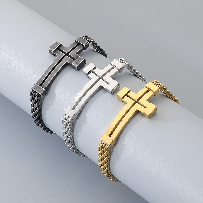 Kemstone Titanium Steel Hollow Curved Cross Bracelet for Men Adjustable Double Chain Gold Silver Black KB212800-KFC
