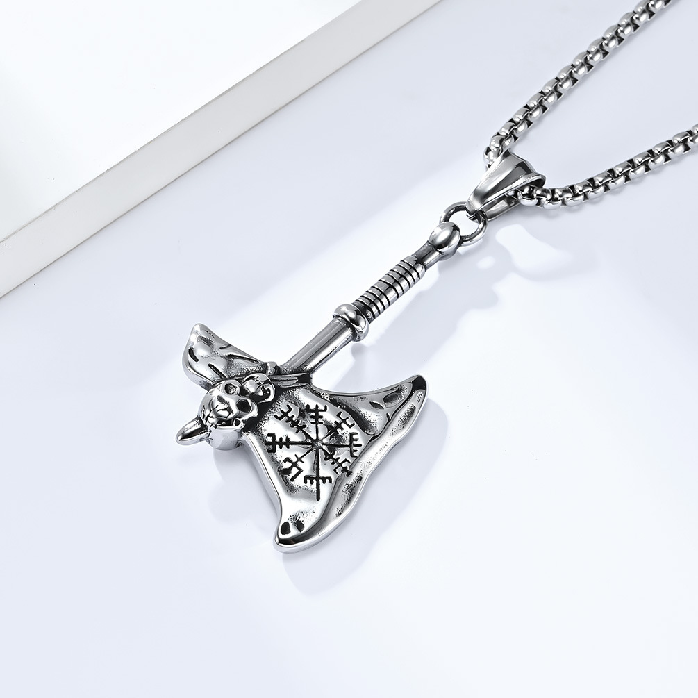 Kemstone Stainless Steel Nordic Axe Pendant Necklace for Men Skull Detail K-PT472