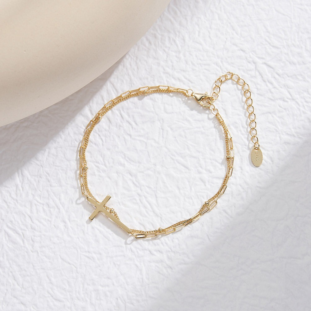 Kemstone 925 Sterling Silver Cross Bracelet for Women Layered Chain Gold Silver SB197