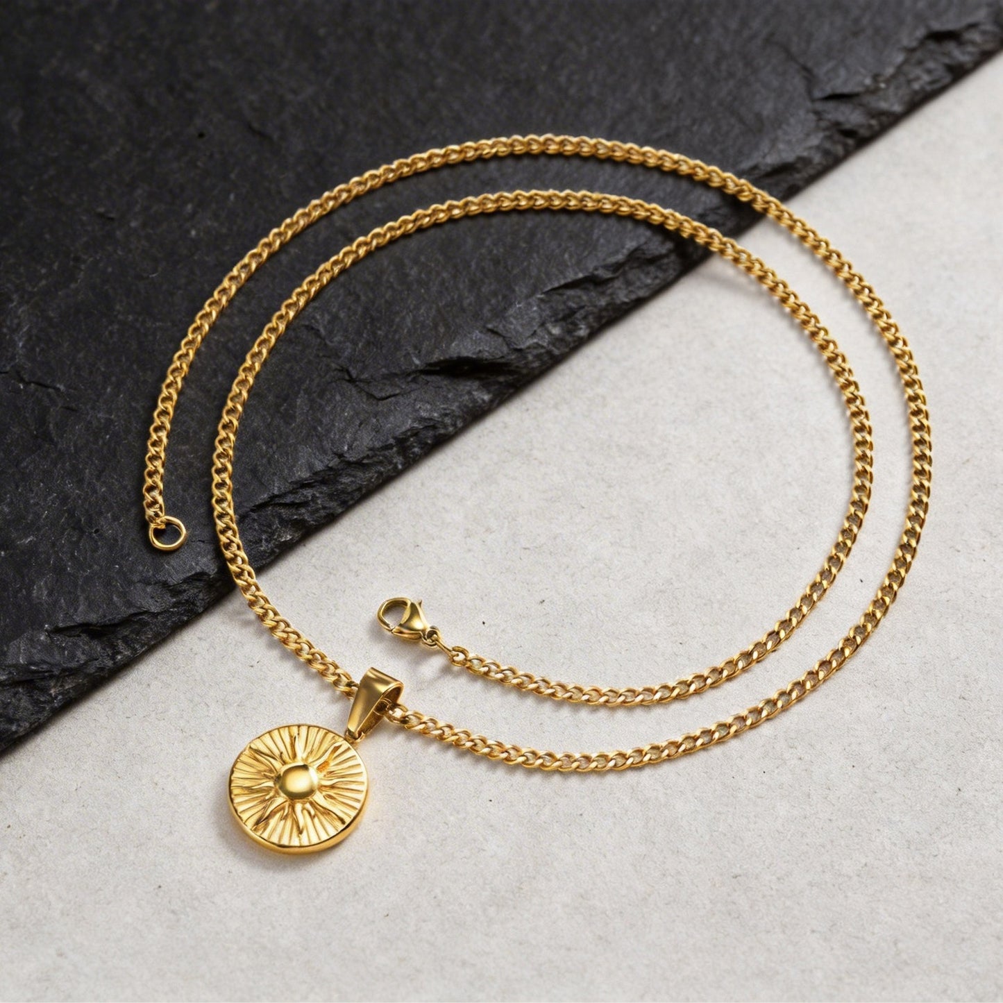 Kemstone Stainless Steel Sun Pendant Necklace for Men Round Disc Gold Silver PN-2306