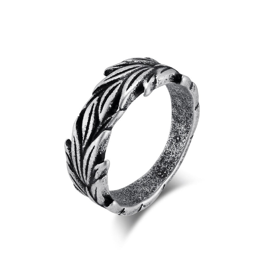 Kemstone Vintage Wheat Leaf Stainless Steel Band Ring for Men – Textured 8mm K-R905