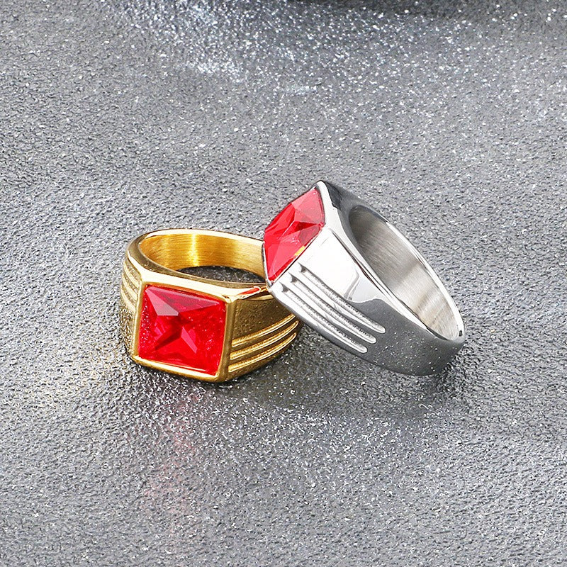 Kemstone Titanium Steel Square Red Stone Signet Ring for Men Vintage Gold Silver KR114482-MZOZ