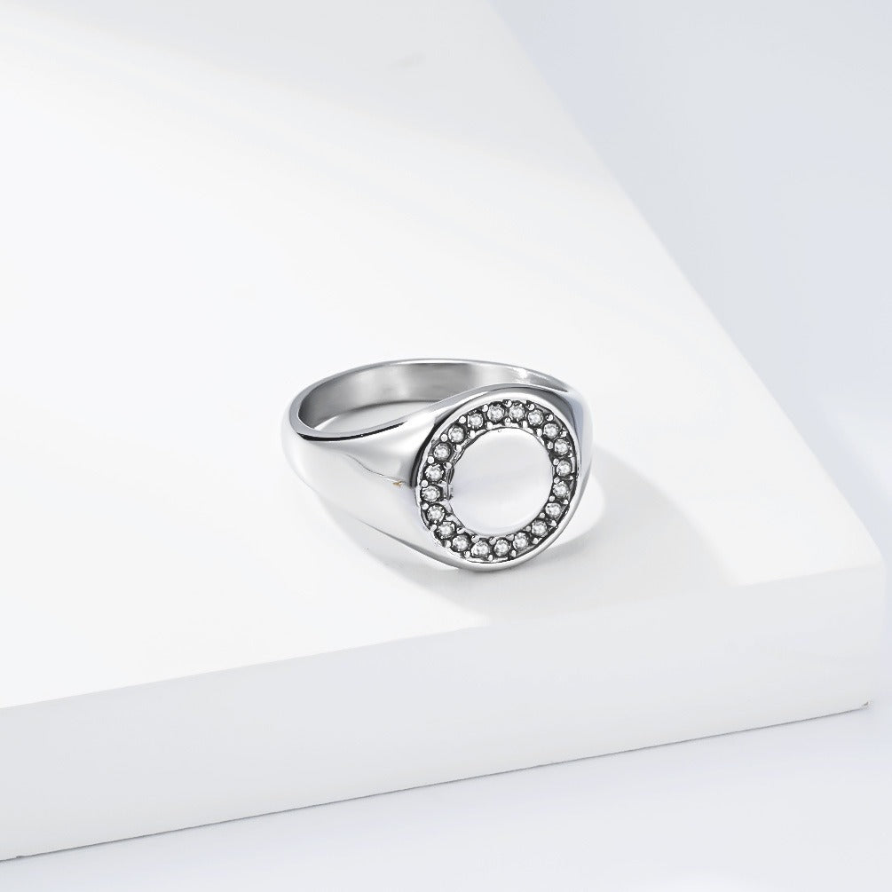 Kemstone Stainless Steel Round Signet Ring with Cubic Zirconia Halo for Men & Women Gold Silver K-R1137