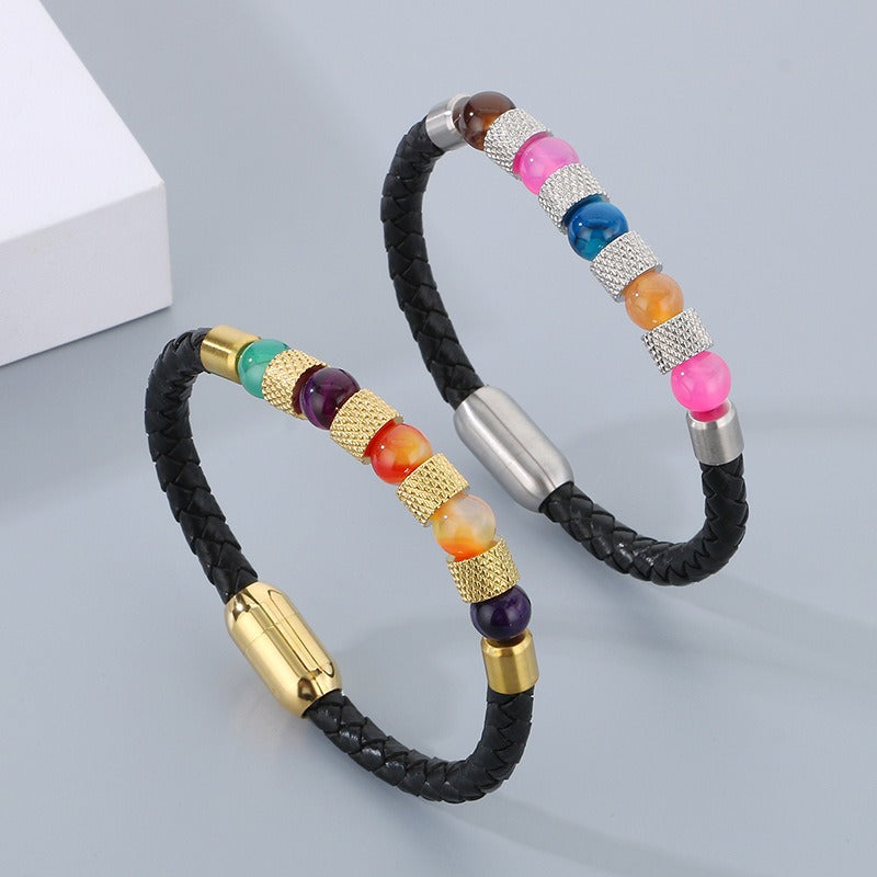 Kemstone Braided Faux Leather Quartz Bead Bracelet for Men KB179957-YA