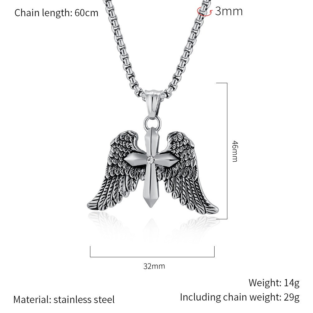 Kemstone  Meta Description Winged Cross Stainless Steel Pendant Necklace for Men – Punk Hip Hop Style, Silver Gold Black  K-PT573