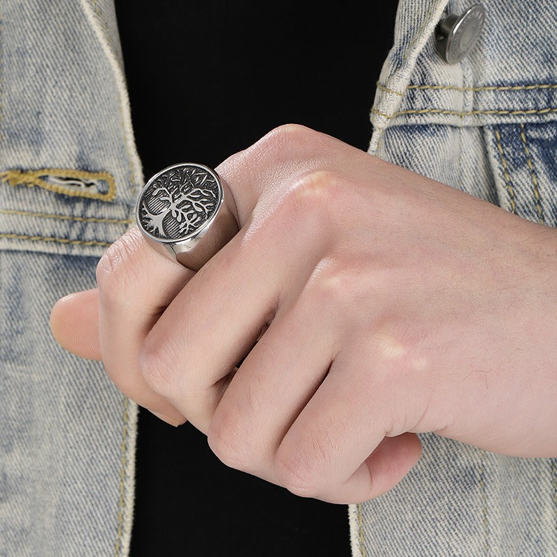 Kemstone Men’s Titanium Steel Tree of Life Ring – Vintage Signet Band K-R112702