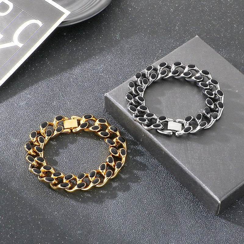 Kemstone Cuban Link Bracelet for Men Titanium Steel Black Inlay Chunky Heavy Chain Hip Hop Gold Silver KB202409-KJX