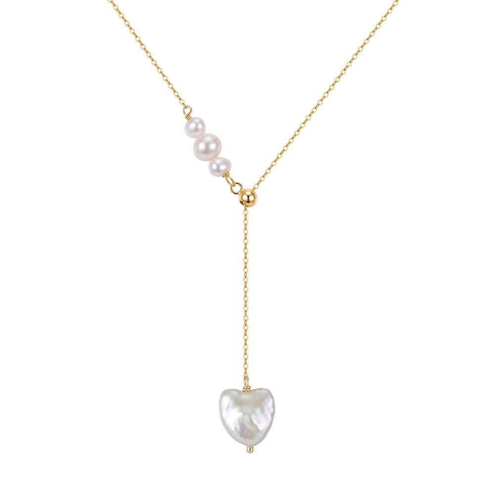Kemston Baroque Heart Freshwater Pearl Y Necklace for Women 925 Sterling Silver Gold Tone GPN116