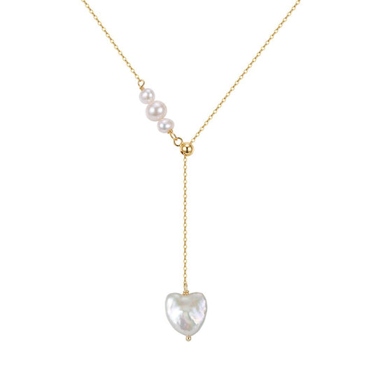 Kemston Baroque Heart Freshwater Pearl Y Necklace for Women 925 Sterling Silver Gold Tone GPN116