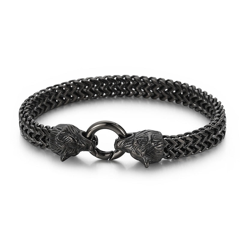 Kemstone Double Wolf Head Bracelet – Titanium Steel Braided Chain Hip Hop Style for Men KB151774-KFC