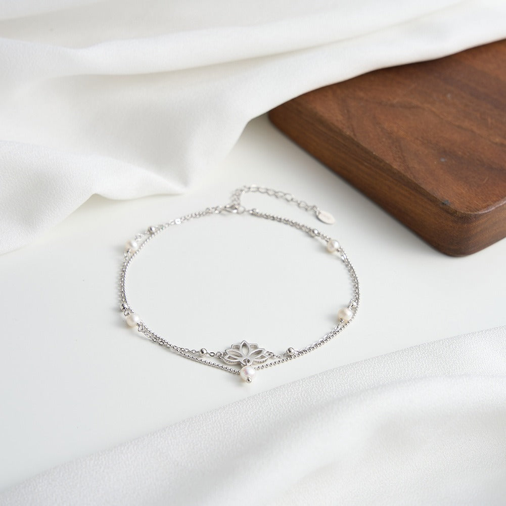 Kemstone 925 Sterling Silver Lotus Anklet for Women Layered Freshwater Pearl Gold Silver SA100