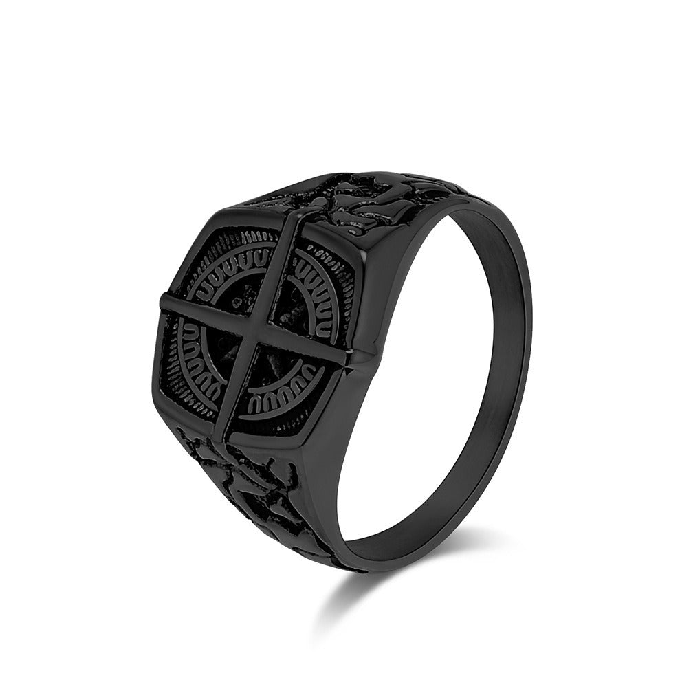 Kemstone Nautical Compass Stainless Steel Signet Ring for Men – Vintage Cross Dial Design K-R853