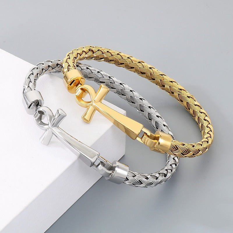 Kemstone Titanium Steel Braided Cuff Bracelet for Men Ankh Cross Clasp Gold Silver KB212793-KFC