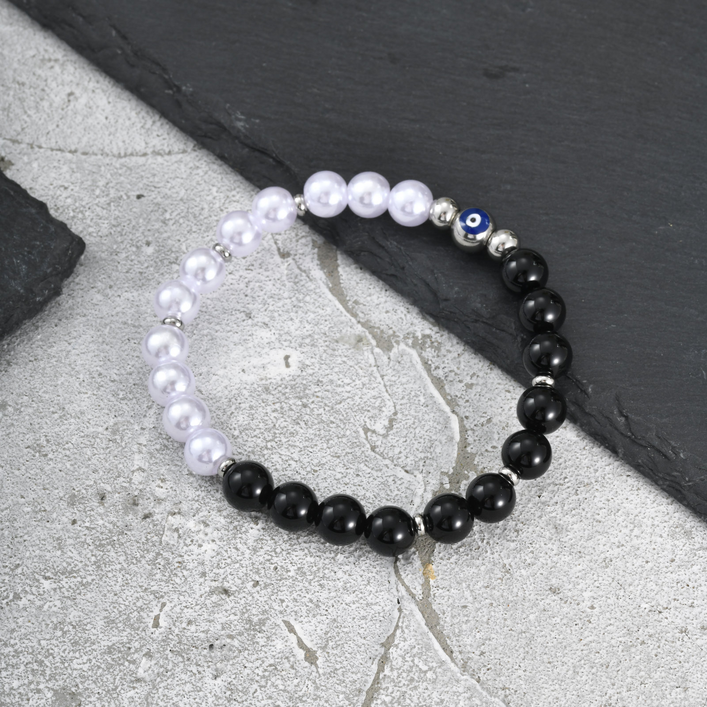 Kemstone Black Onyx Pearl Bead Bracelet for Men Stainless Steel Blue Eye Detail BR-2918