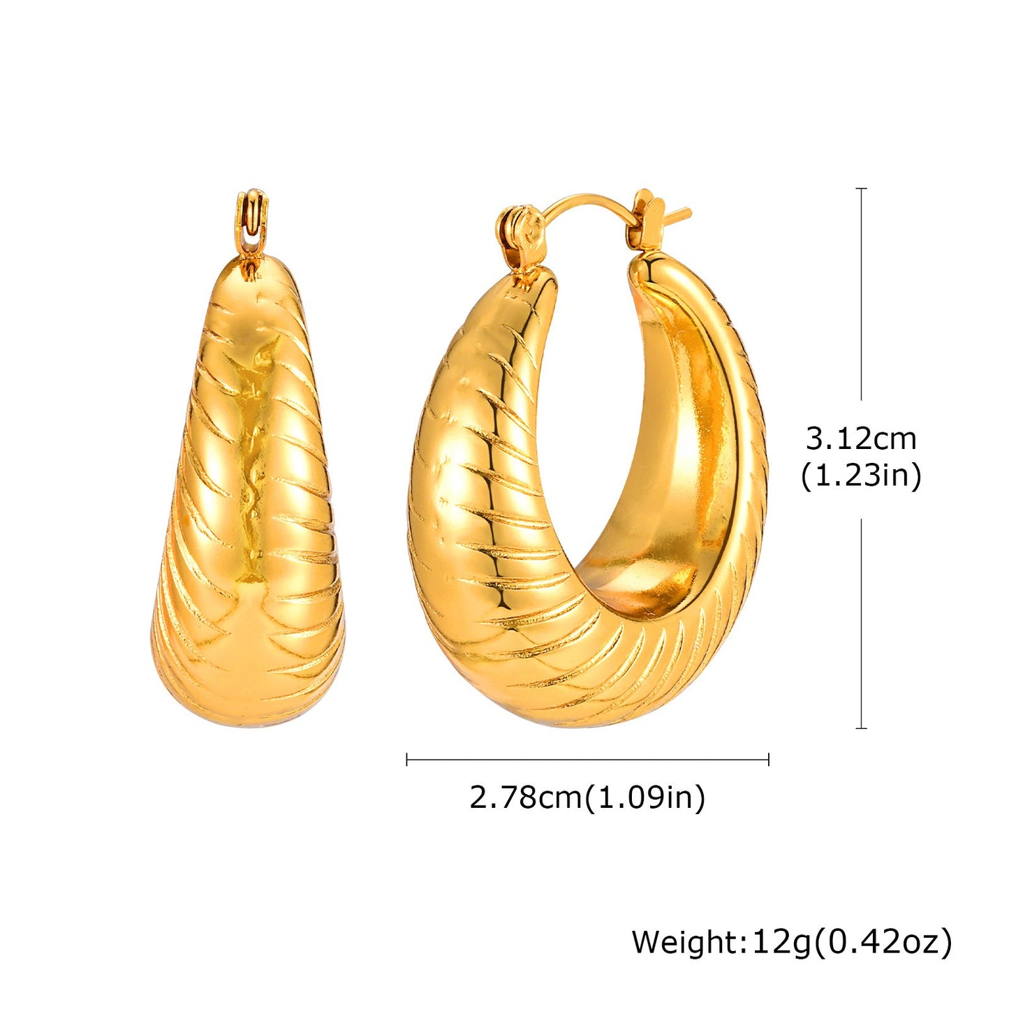 Pendientes de aro dorados texturizados en forma de C - Joyería de acero inoxidable con relieve para mujer (Regalo hipoalergénico de lujo con grabado personalizado) EH-724