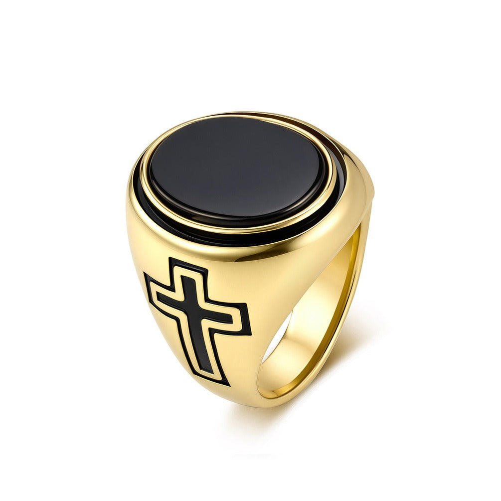 Kemston Oval Stone Signet Ring for Men Stainless Steel Engraved Cross K-R1202