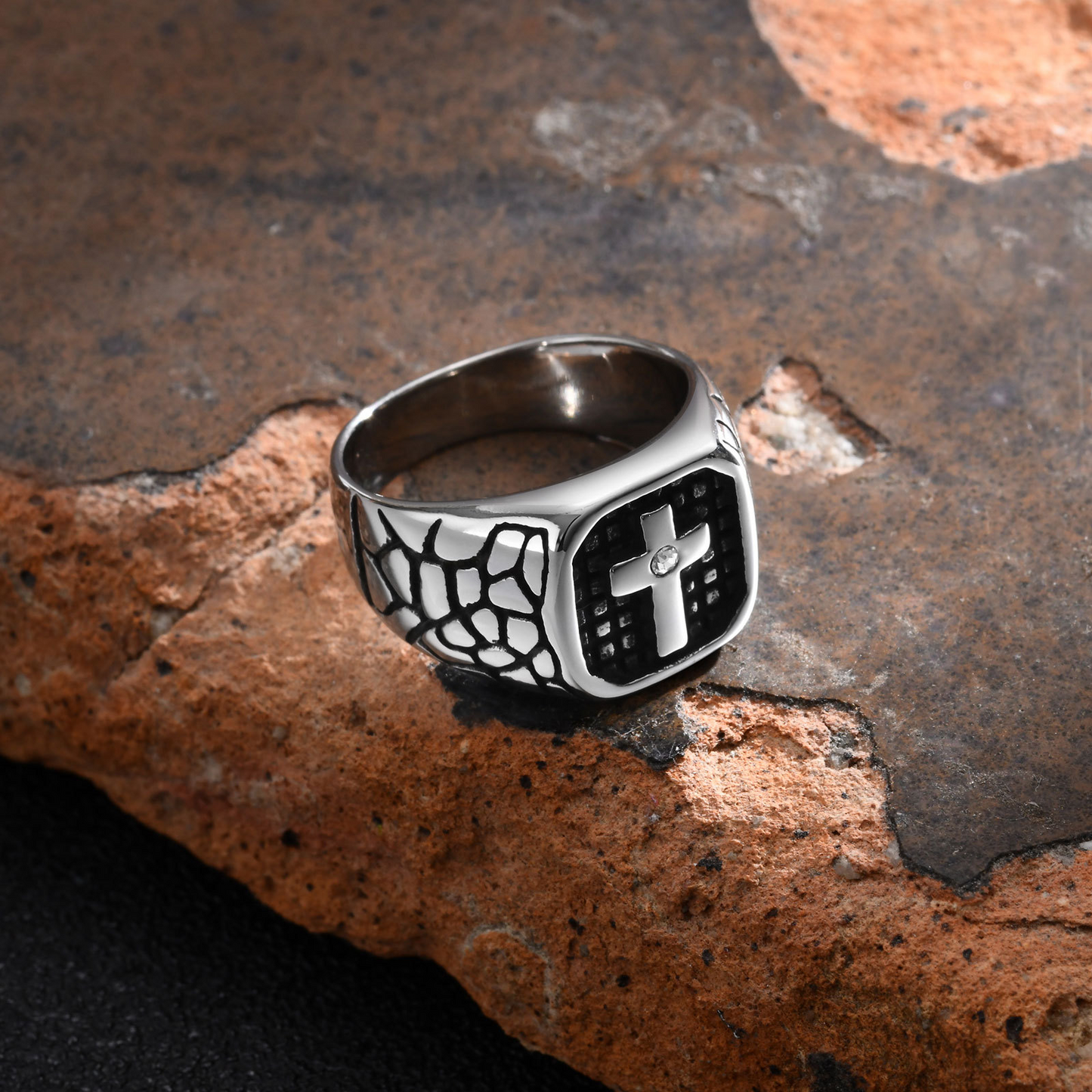 Kemstone Stainless Steel Vintage Cubic Zirconia Cross Ring for Men C-828