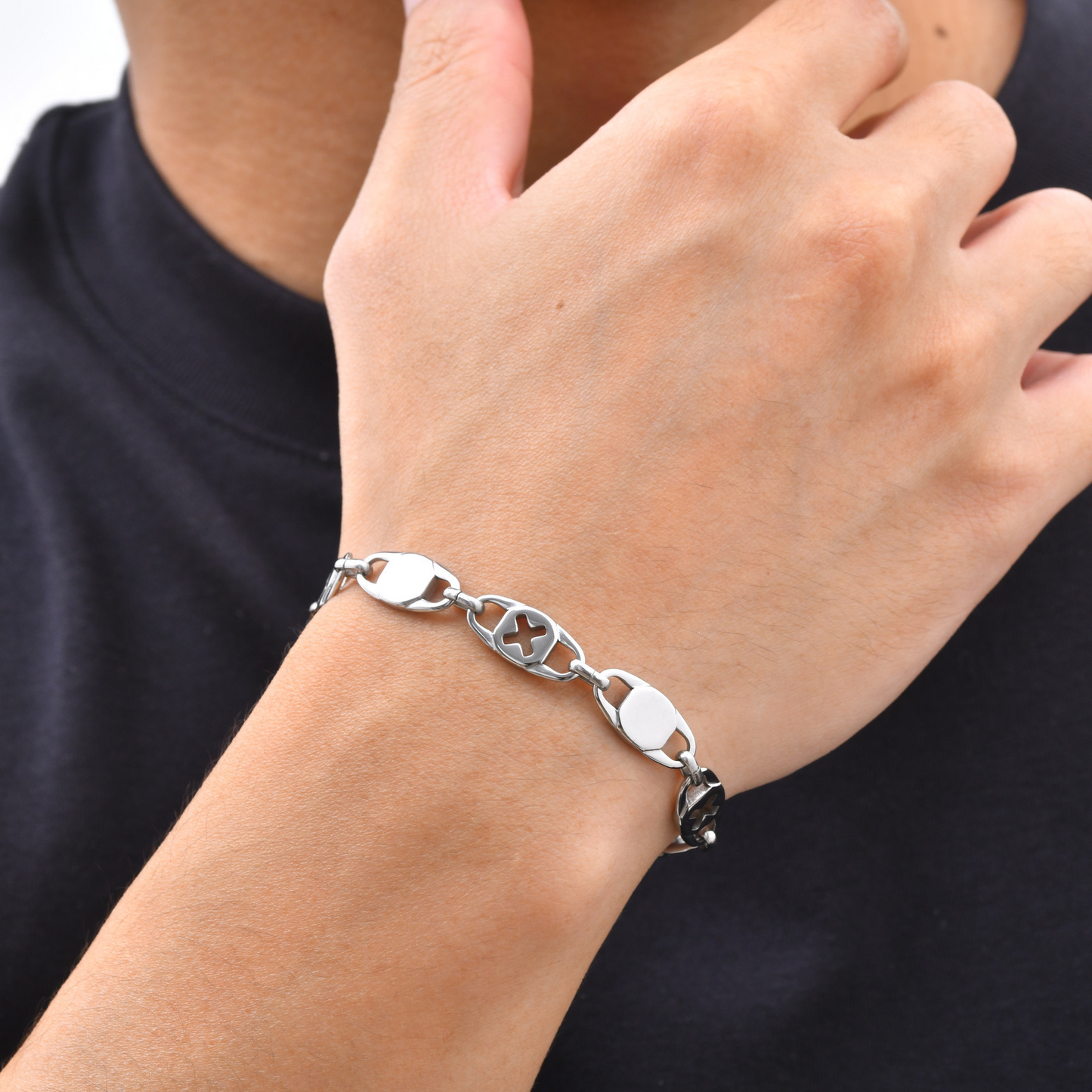 Kemston Stainless Steel Hollow Cross Chain Bracelet for Men Layered Stackable Design BR-3111S
