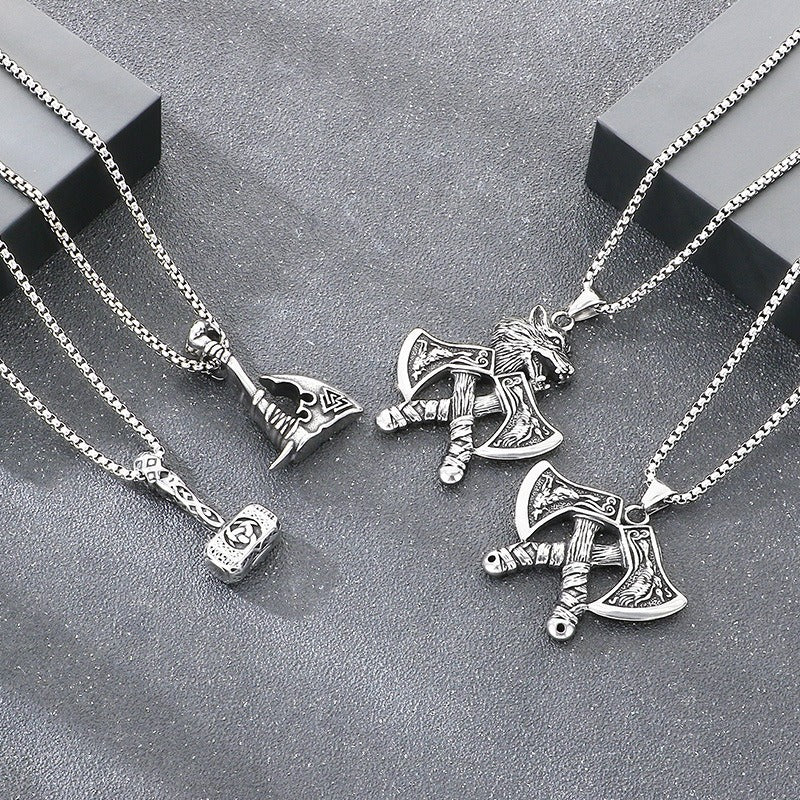 Kemstone Viking Axe Pendant Necklace Titanium Steel Wolf Head Celtic Knot Style for Men Silver KP117026-LU