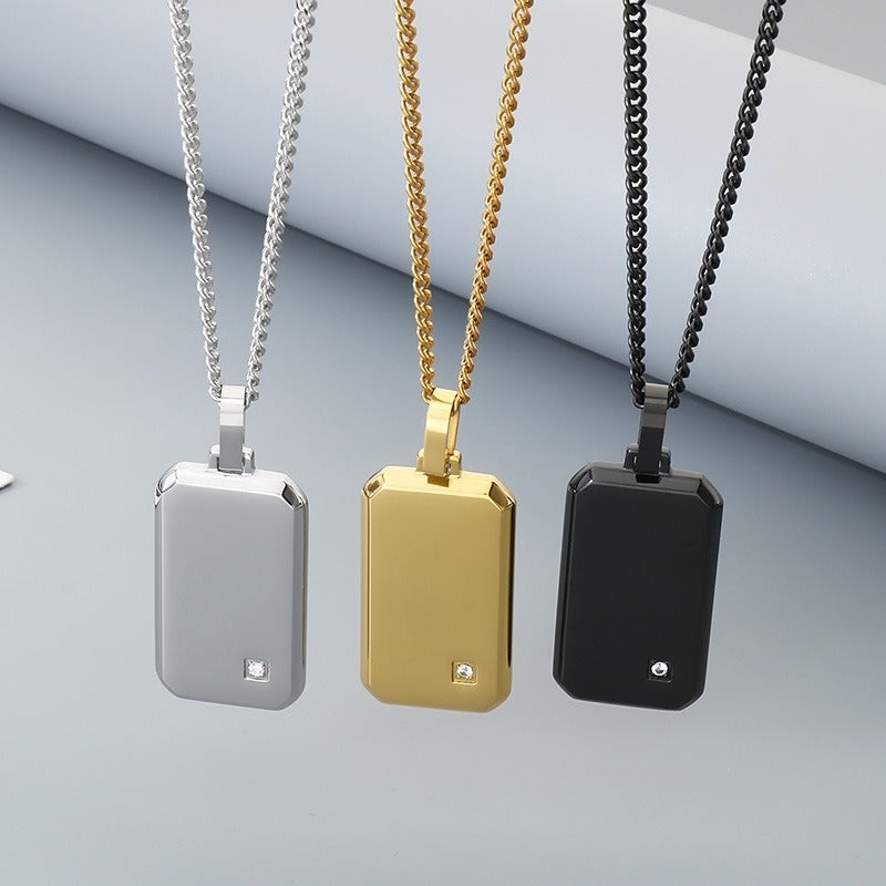 Kemstone Titanium Steel Tag Pendant Necklace for Men Minimalist Rectangular Cubic Zirconia KN301519-KFC