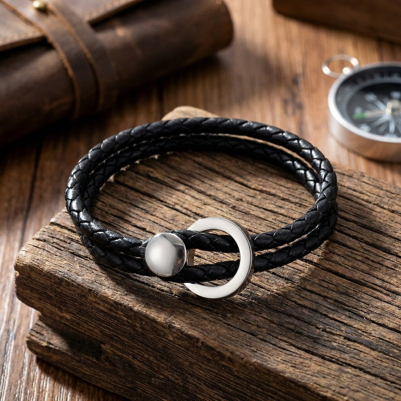 Kemstone Double Wrap Leather Bracelet for Men Titanium Steel Circle Clasp KB213788-GC