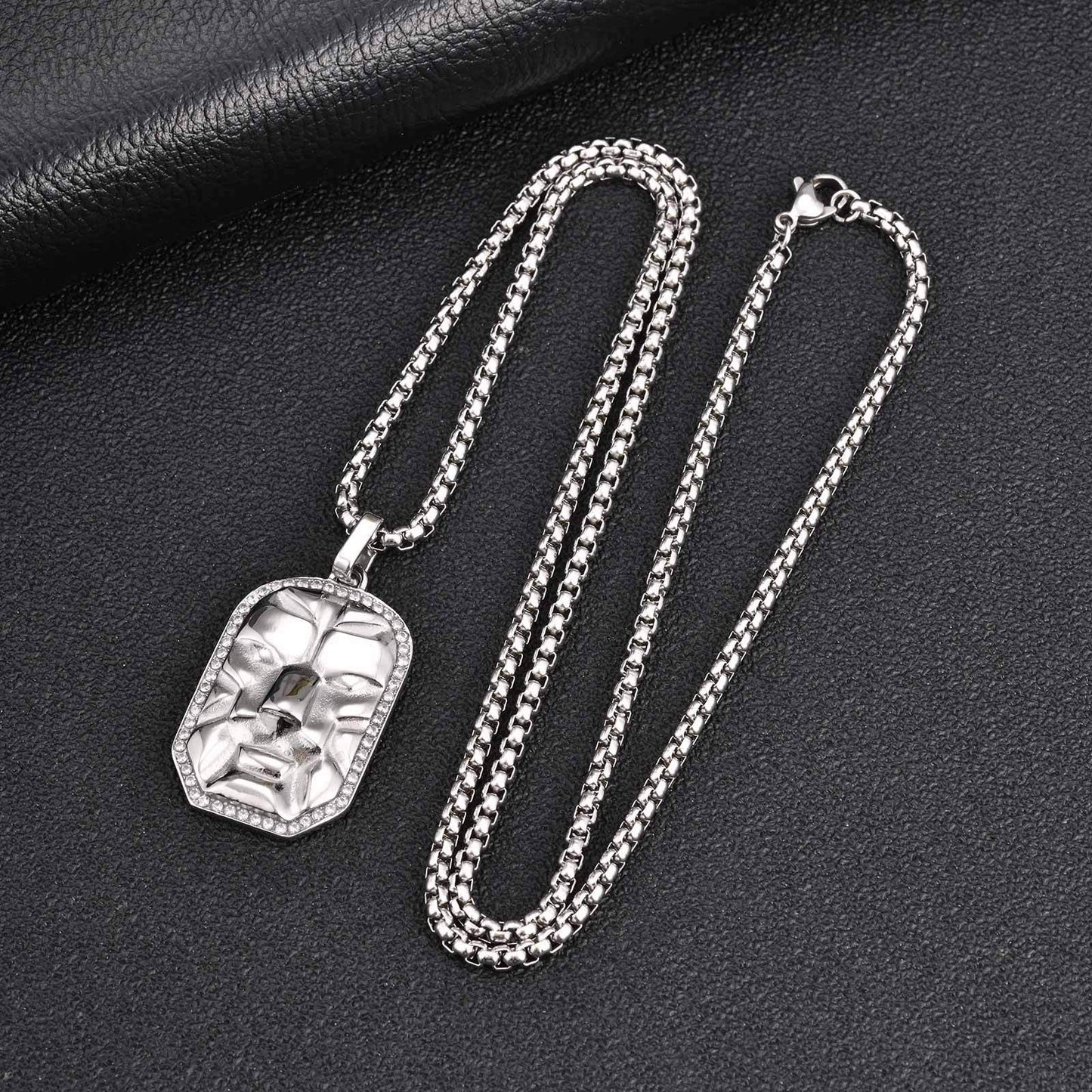 Kemston Face Pendant Necklace for Men Black Cubic Zirconia Leopard Stainless Steel Wild Identity PN-2350