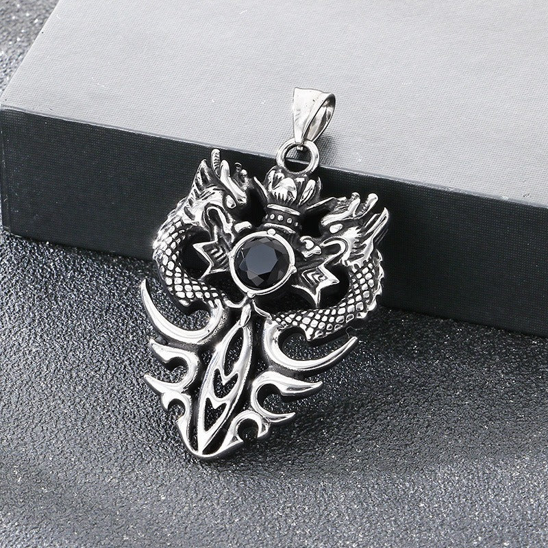 Kemstone Vintage Double Dragon Pendant Necklace Titanium Steel Sword with Cubic Zirconia for Men KP117722-LU
