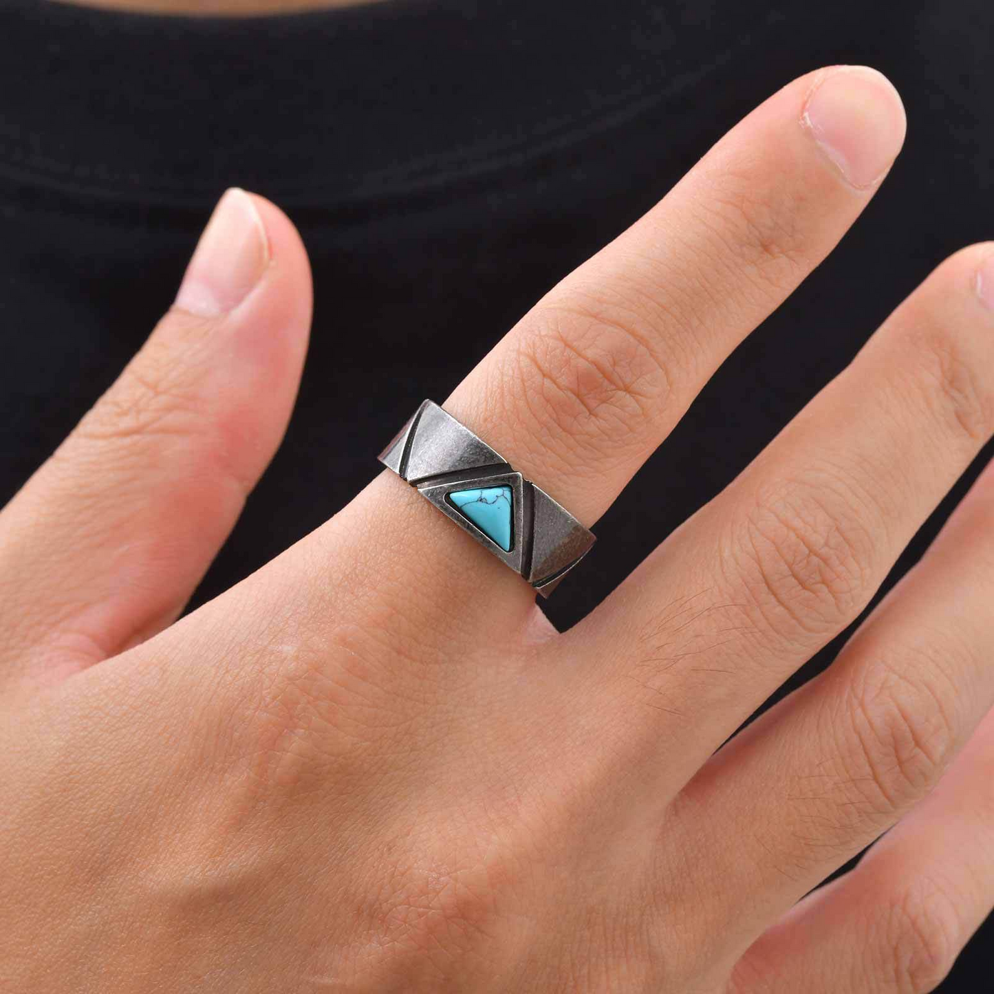 Kemstone Stainless Steel Triangle Turquoise Ring for Men Vintage Gray RC-111