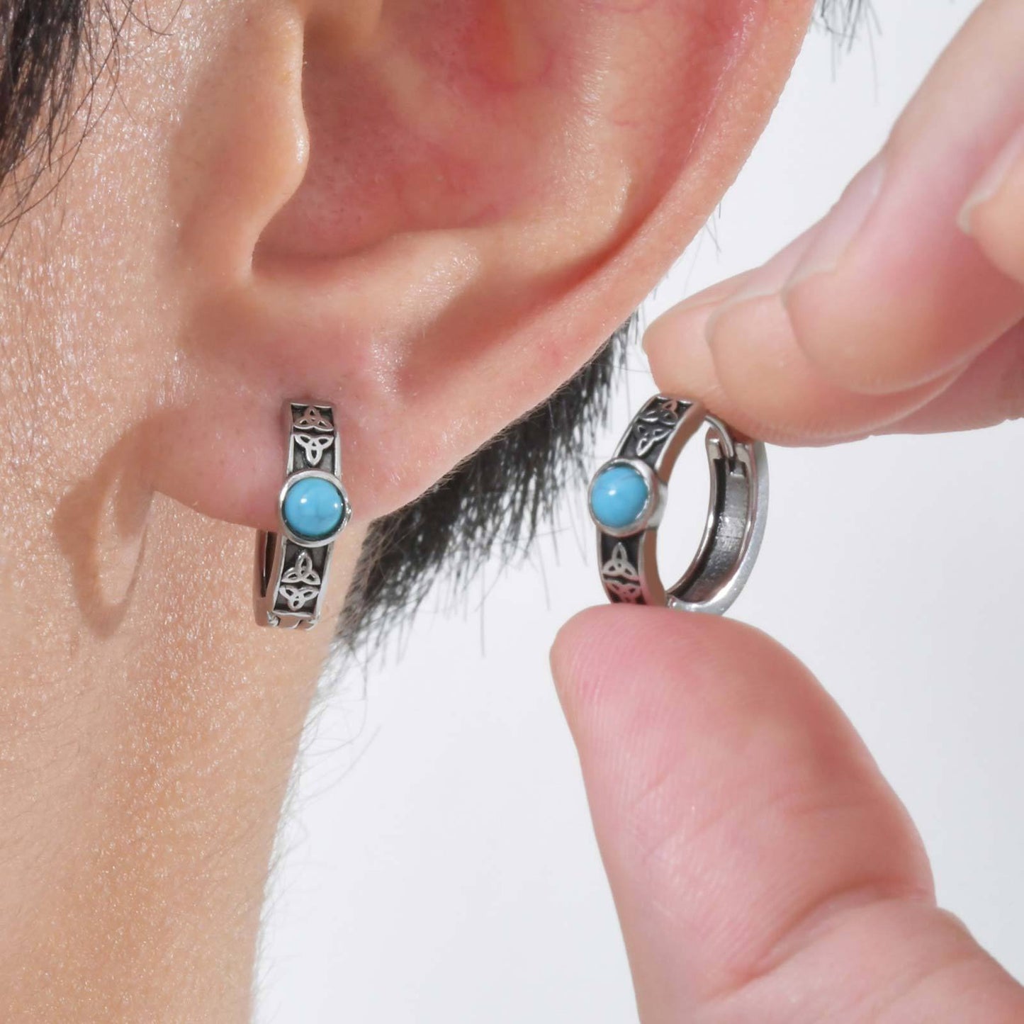 Kemstone Men’s Stainless Steel Hoop Earrings – Celtic Knot Turquoise EH-748