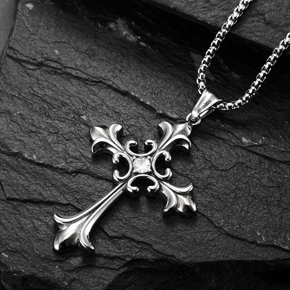 Kemstone Gothic Cross Pendant Necklace for Men Stainless Steel Cubic Zirconia Center K-PT375
