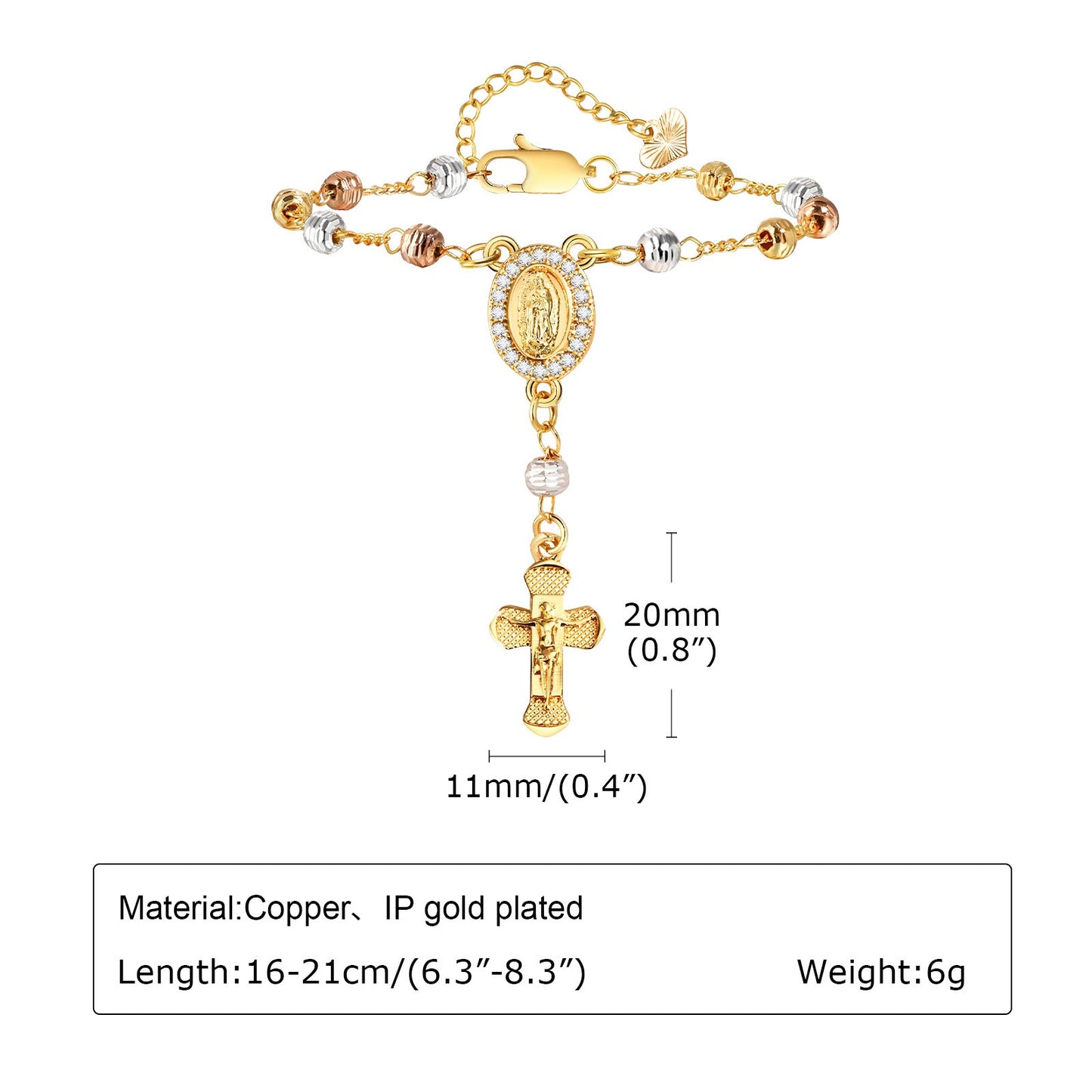 Vintage Copper Floral Bead Bracelet with Oval Madonna & Cross Charm – Faith-Inspired Jewelry for Women PBR-128