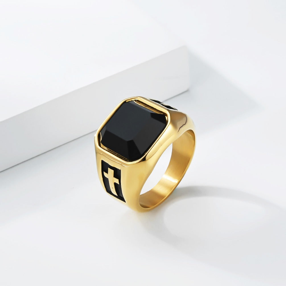 Kemstone Stainless Steel Black Resin Cross Signet Ring for Men K-R1121