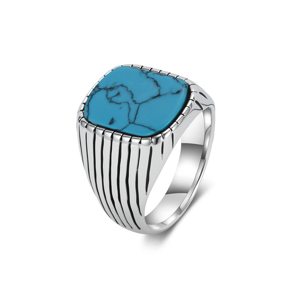 Kemstone Stainless Steel Tiger Eye & Turquoise Signet Ring for Men Square Stone K-R1174
