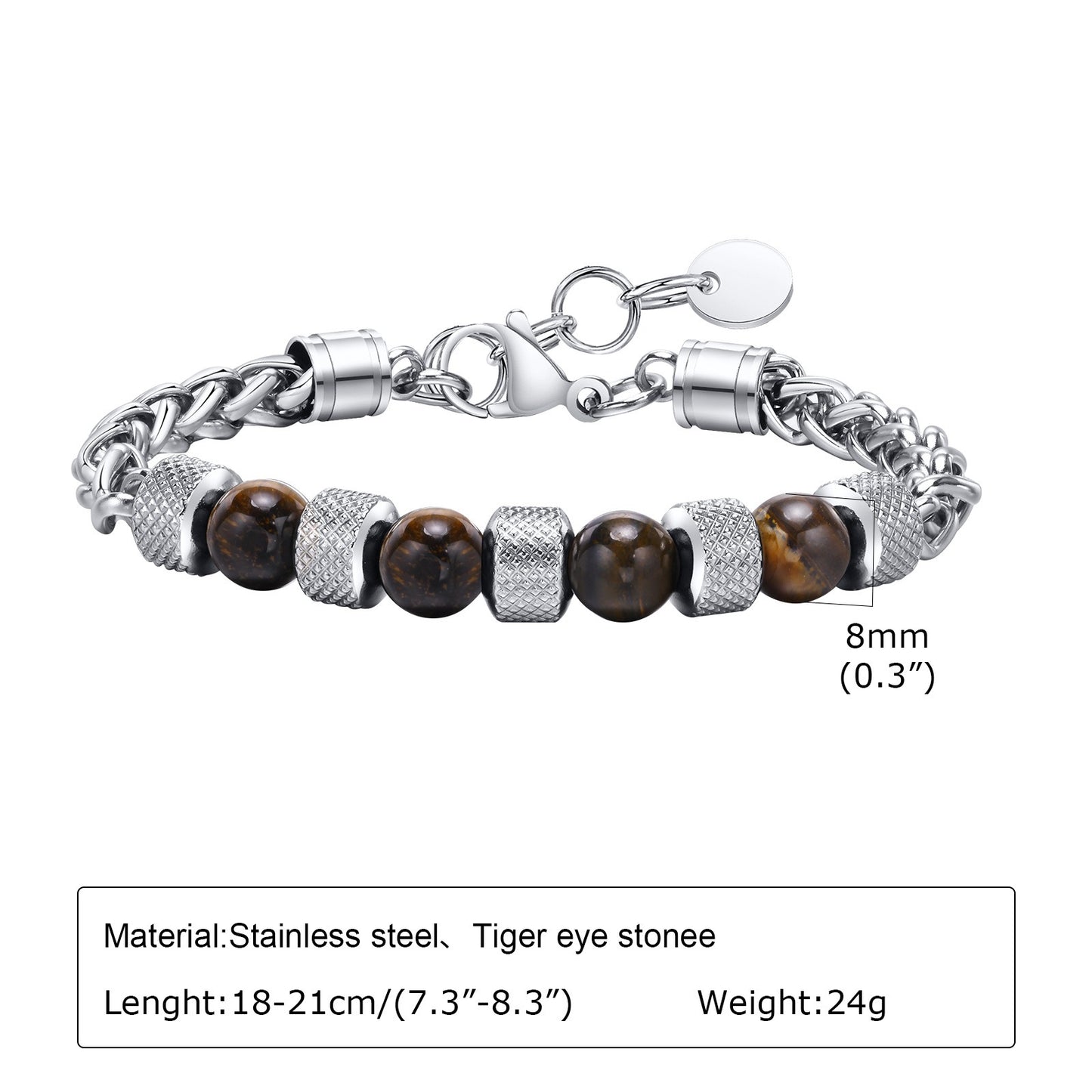Kemstone Tiger Eye Beaded Chain Bracelet for Men Stainless Steel Natural Stone Adjustable BR-1717