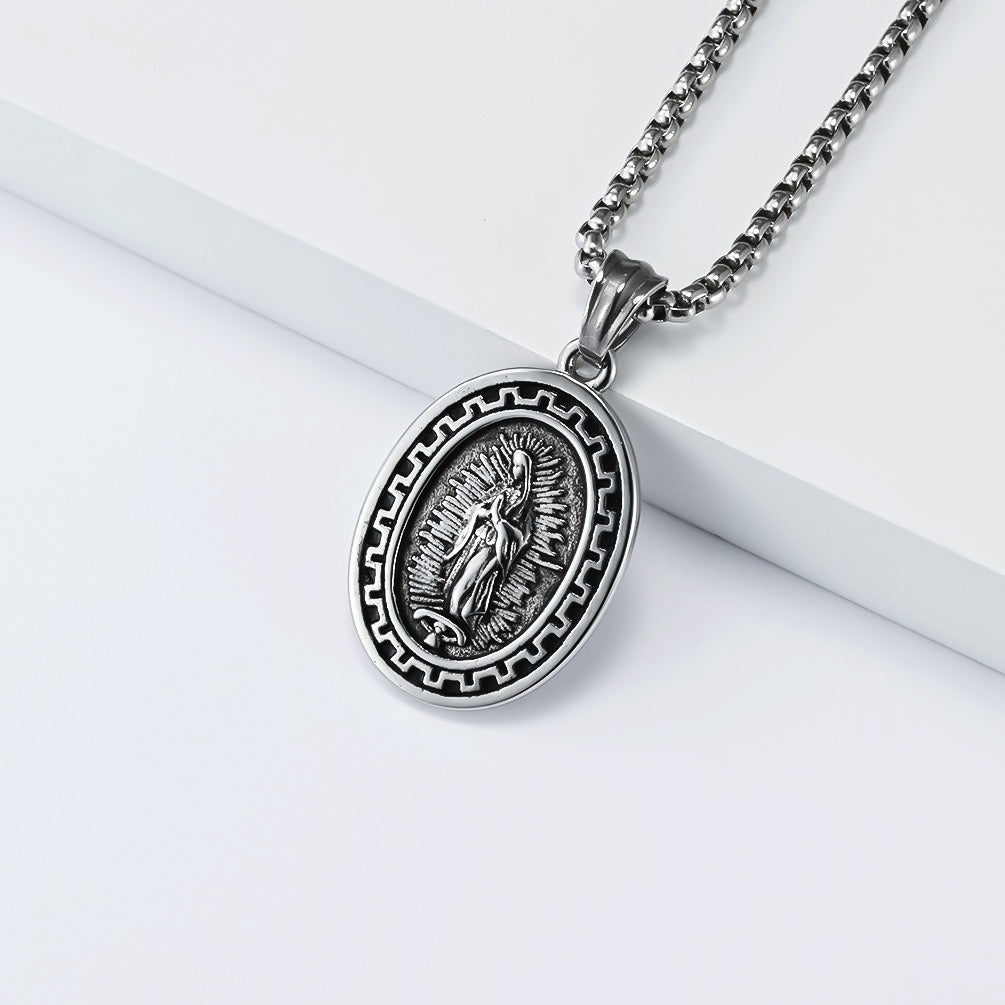 Kemstone Stainless Steel Guardian Figure Oval Pendant Necklace for Men K-PT689
