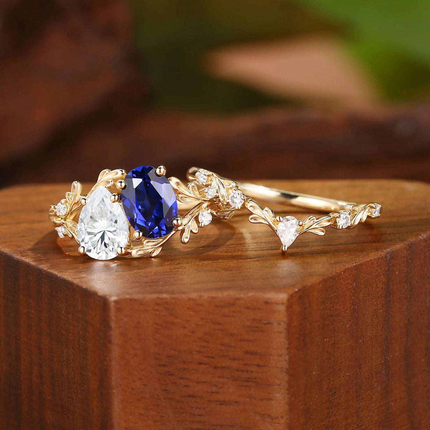 Kemstone Moonstone & Mandarin Garnet Ring Set for Women – Vintage Floral Stackable Ring in S925 Sterling Silver 18K Gold Plated T7-YC0323RS