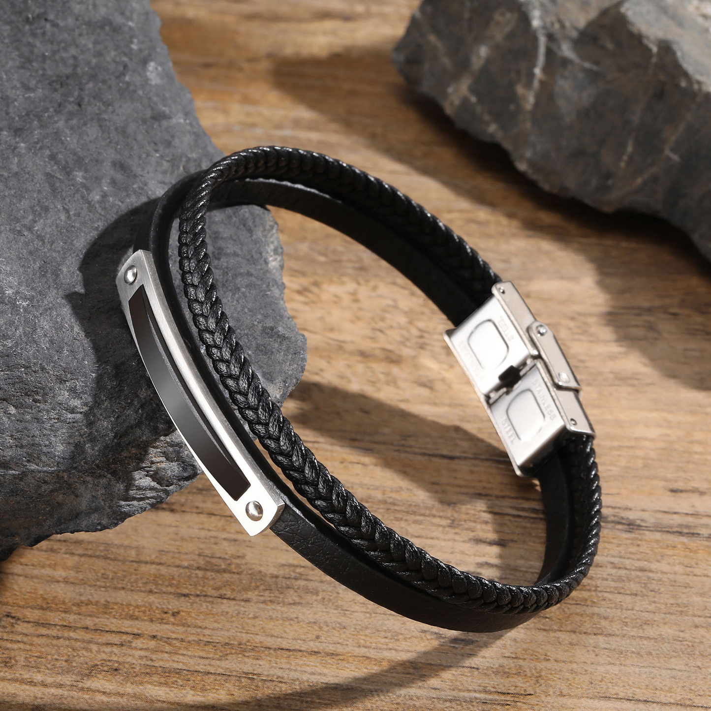 Kemstone Curved Plate Double-Layer Black PU Leather Bracelet for Men BL-782S