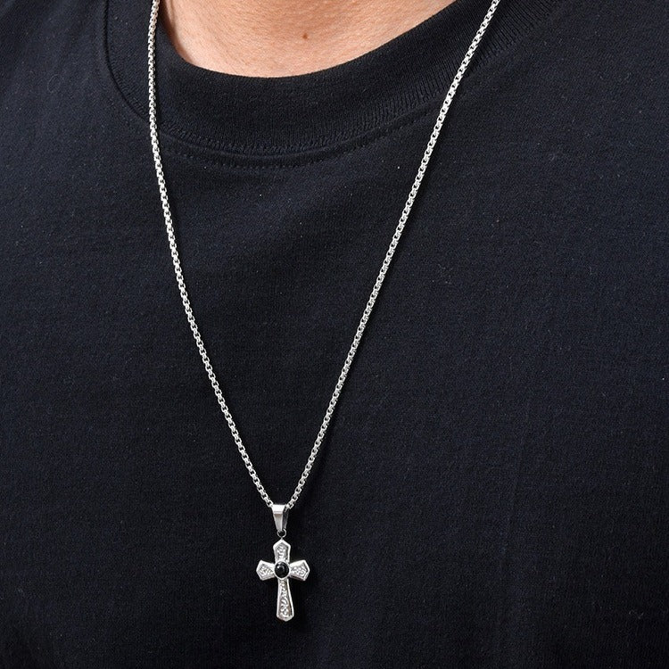 Kemstone Black Agate Cross Pendant Necklace for Men Stainless Steel Punk Style PN-2430