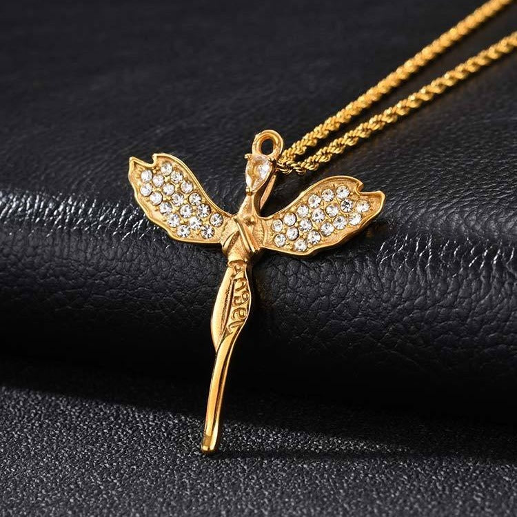 Kemston Stainless Steel Angel Wing Cross Pendant Necklace for Men Women PN-2404